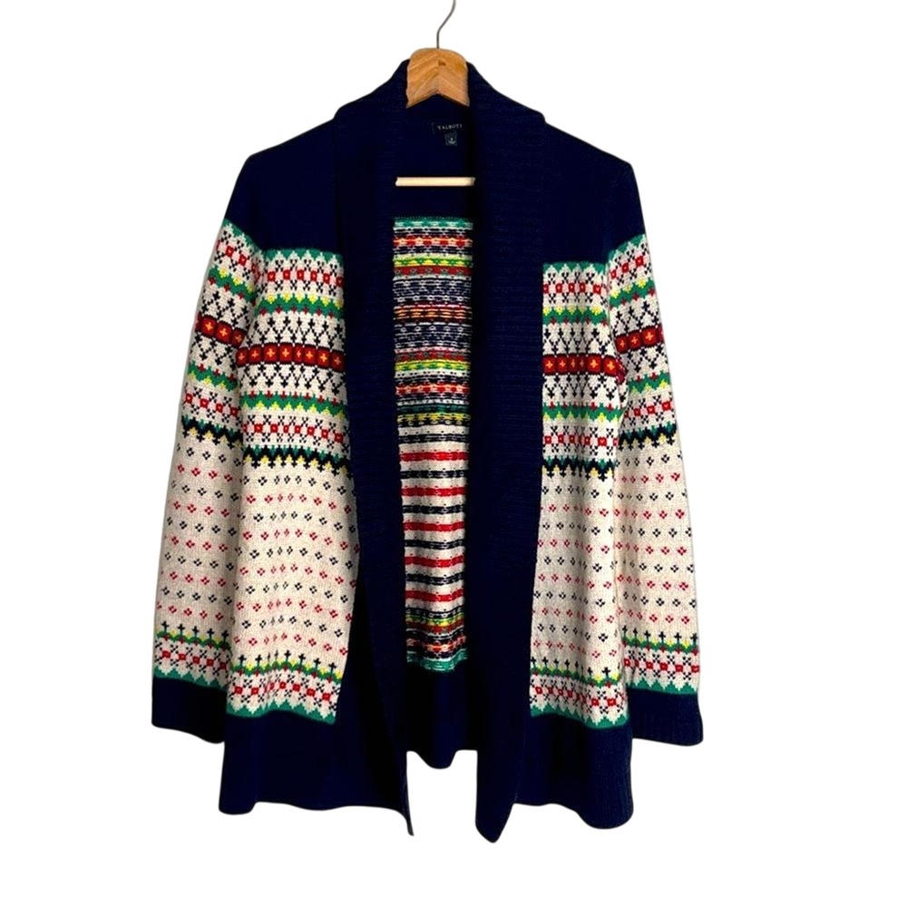 Talbots Women's Fair Isle Shawl Collar Open Front Cardigan Sweater Navy Small